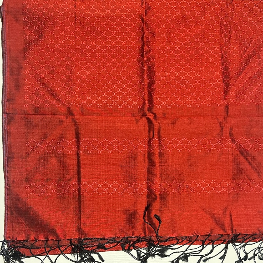 Women’s 100% silk handmade Red Patterned Scarf with Fringe